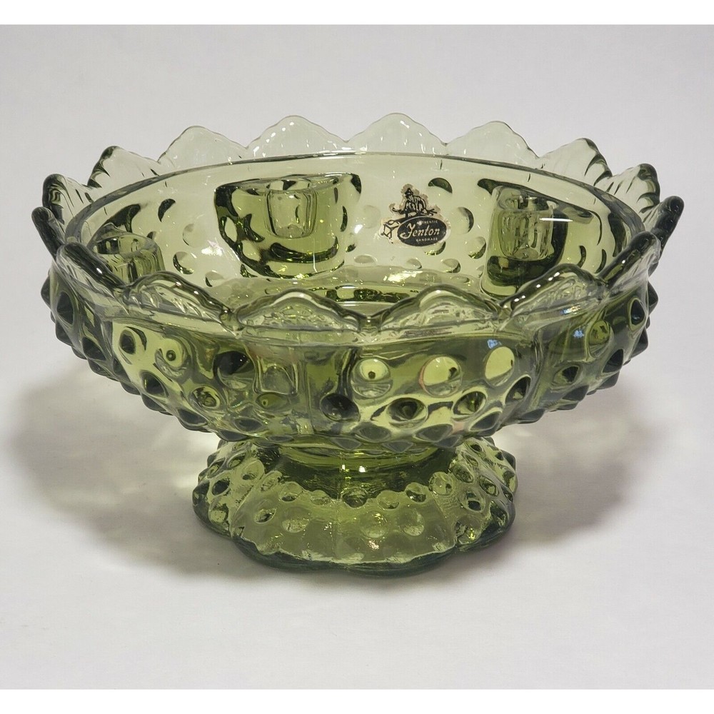 Fenton Hobnail Pedestal 6 Taper Candle Holder Centerpiece Olive Green Vintage